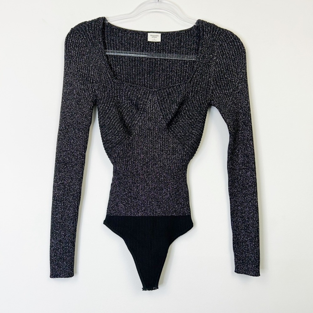 Abercrombie Fitch Black Metallic Knit Thong Bodysuit Women's Small - Picture 2 of 9